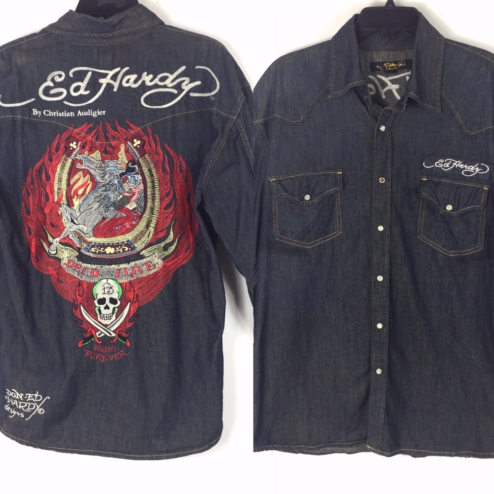 Men Ed Hardy Pearl Snap Denim Embroidered Shirt XL